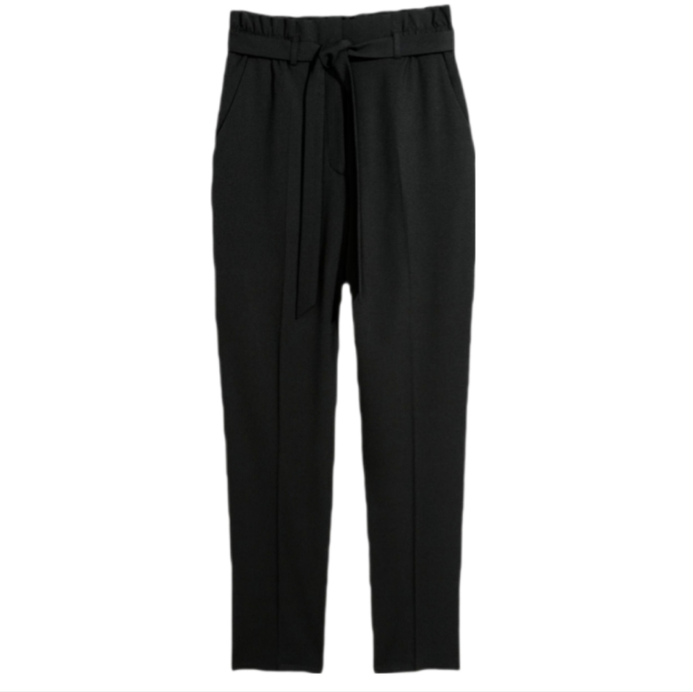 H&M High Waist Paperbag Pants Relaxed Belted Tapered Black Womens Size 4